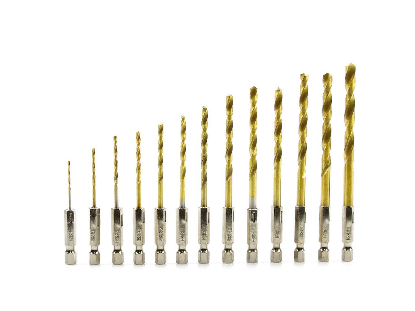 Sada titanových vrtáků Geko 1,5–6,5 mm – pohled na celou sadu 13 kusů