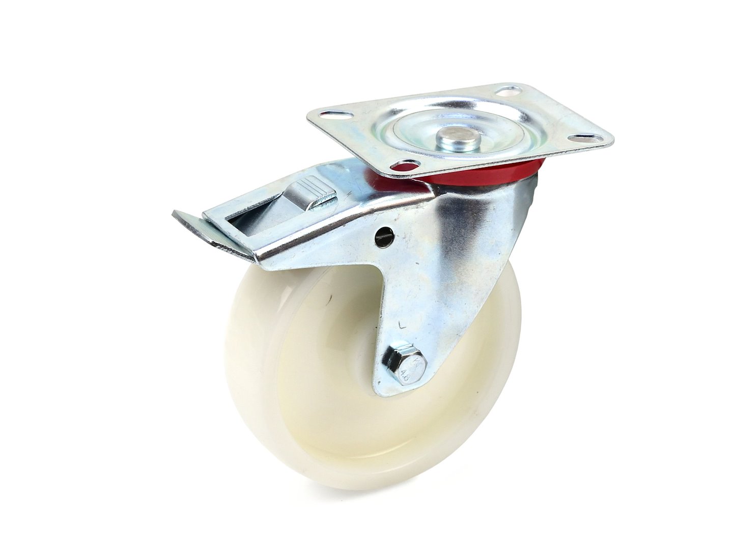 Otočné kolečko s brzdou 125 mm PP (25) – Geko, pohled na kolečko s brzdovým mechanismem