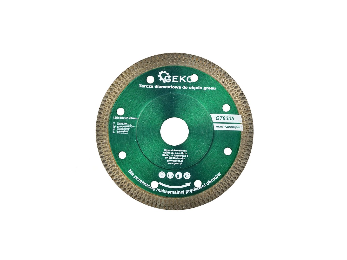 Diamantový kotouč 125x10x22,23 mm Geko – pohled zepředu