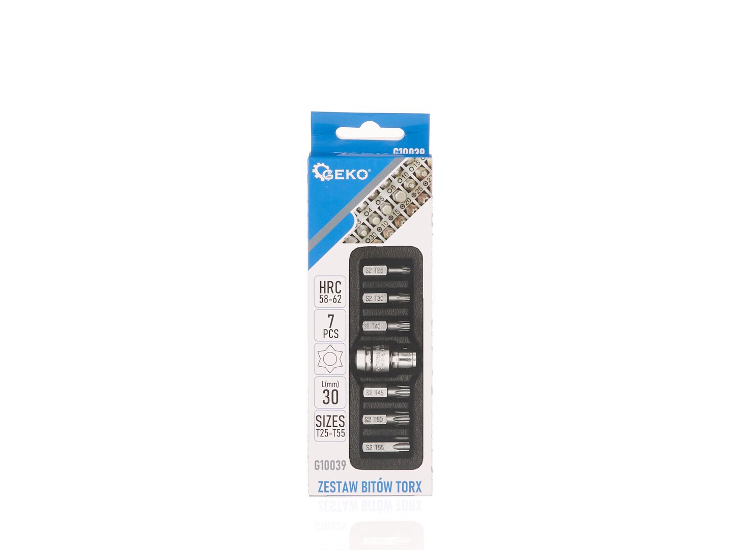 7dílná sada bitů TORX Geko G10039 – detail bitů a materiálu ocel S2