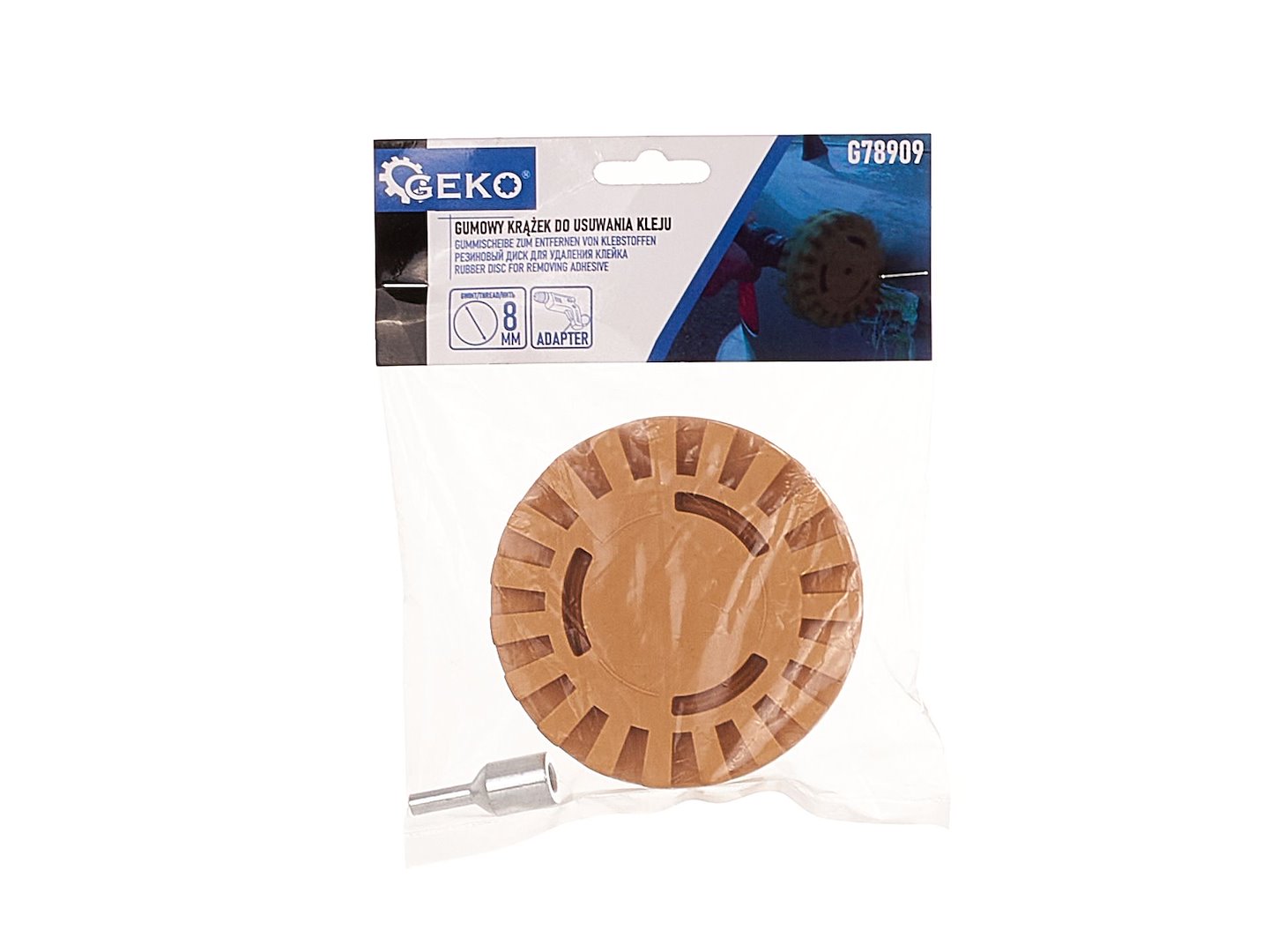 Gumový kotouč na odstraňování lepidla vroubkovaný 100 mm Geko – detail s adaptérem pro vrtačku