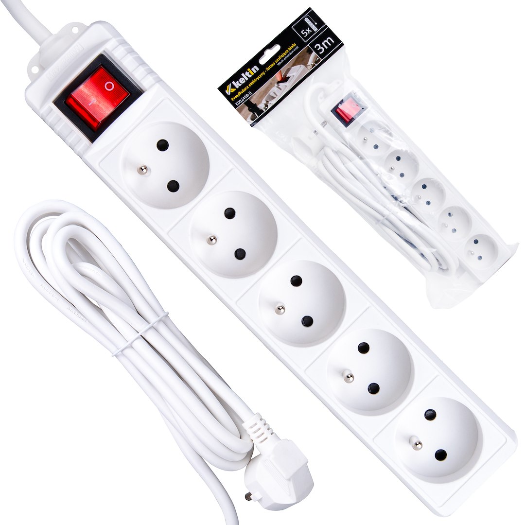 Prodlužovací kabel Geko – pohled zepředu na celou zásuvkovou lištu