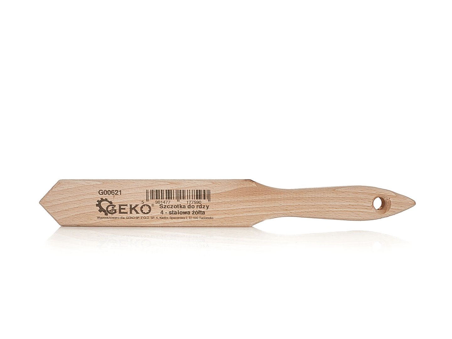 Drátěný kartáč Geko 4 řady – detail dřevěné rukojeti a celkový pohled na produkt