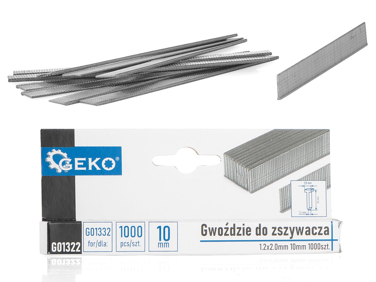 Hřebíky do sešívačky Geko 1,2×2,0 mm 10 mm – celkový pohled na balení