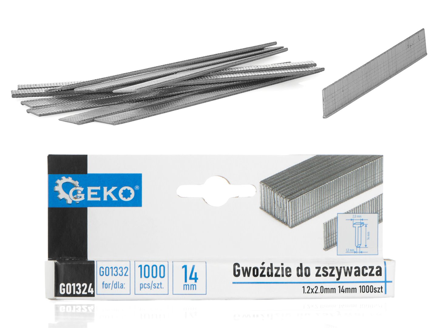 Hřebíky do sešívačky Geko 1,2 × 2,0 mm – pohled na balení