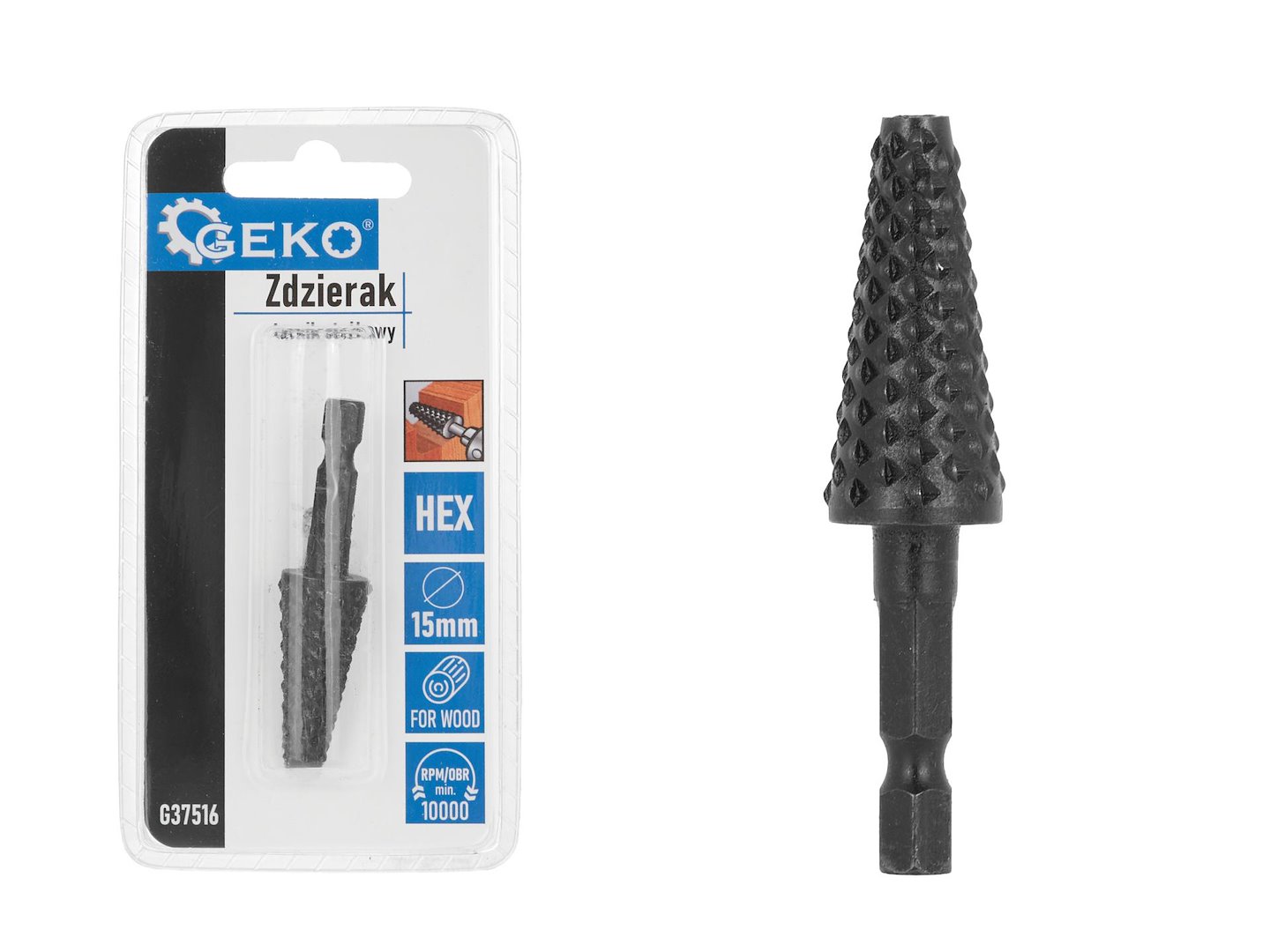 Kuželový rašple na dřevo 15 mm HEX – celkový pohled na nástroj