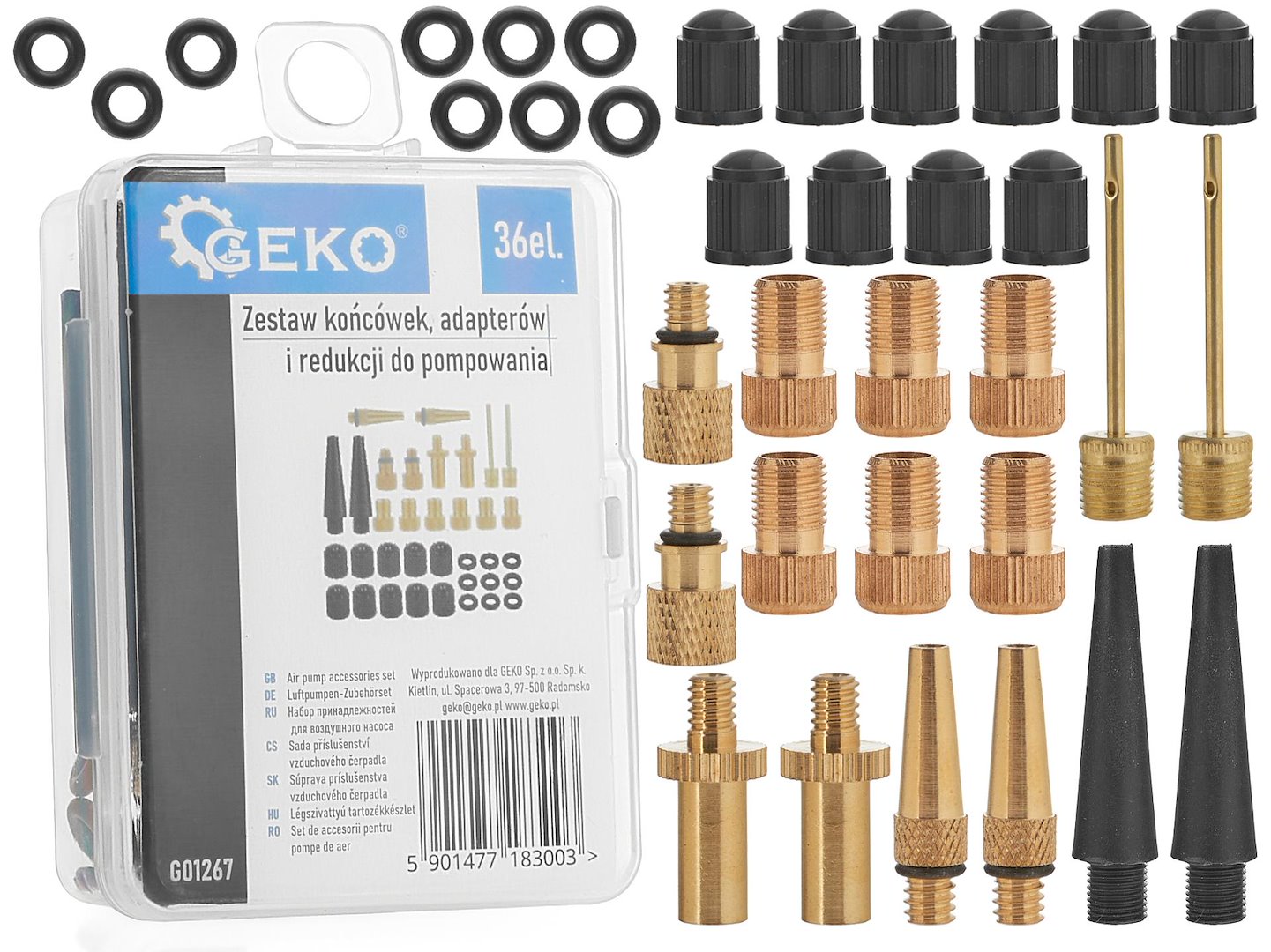 Sada koncovek adaptérů a redukcí Geko 36 ks – celkový pohled na obsah sady