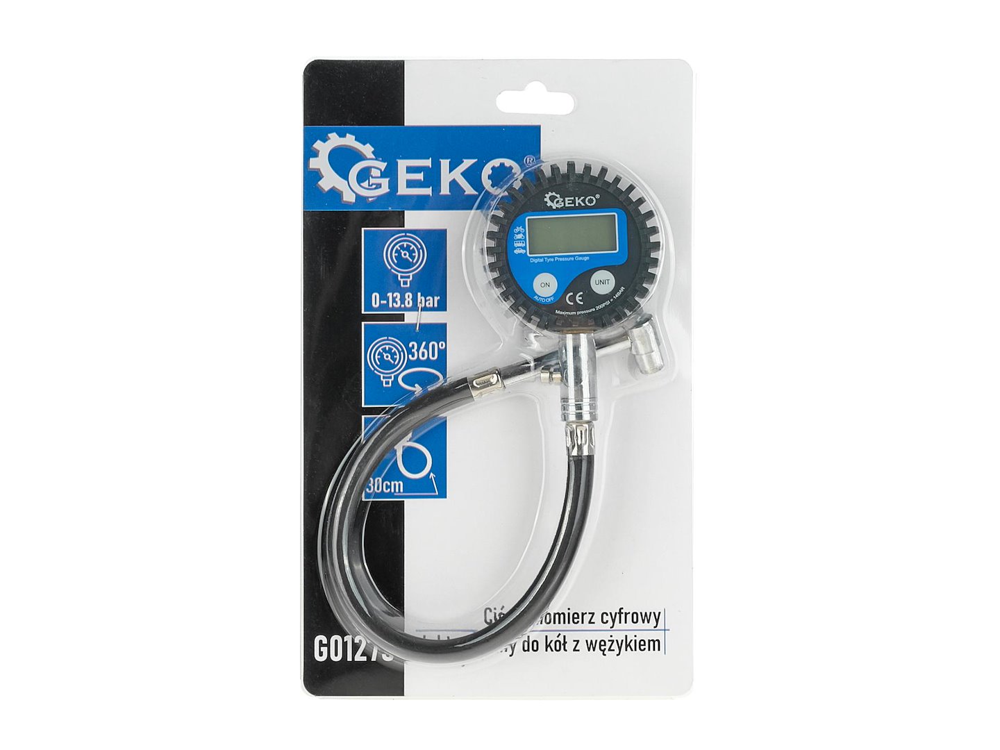 Digitální tlakoměr Geko G01273 – elektronický s hadičkou pro všechny typy kol 7