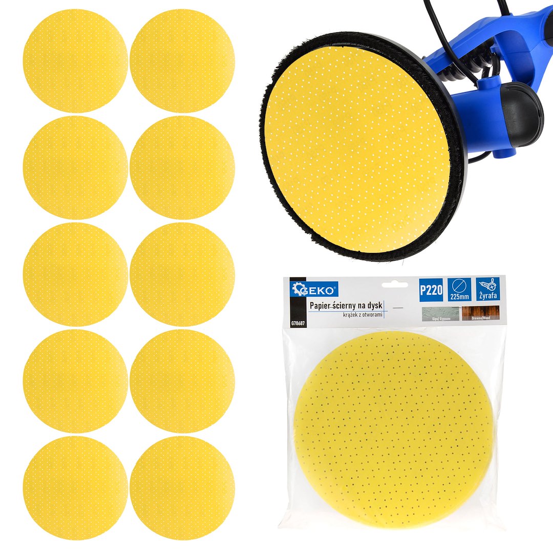 Brusný papír na disk kotouč s otvory 225 mm P220 Geko – pohled zepředu
