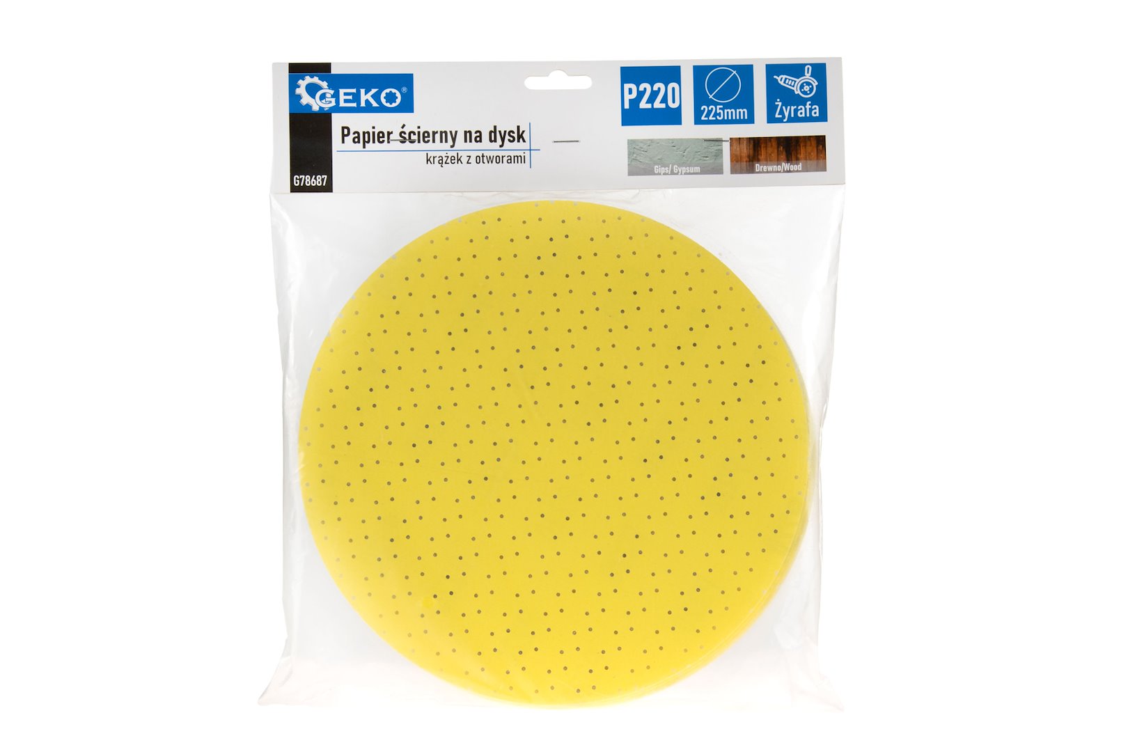 Brusný papír na disk kotouč s otvory 225 mm P220 Geko – detail otvorů pro odvod prachu