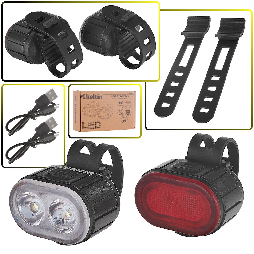 Vodotěsná USB cyklistická lampa IPX4 – celkový pohled na sadu