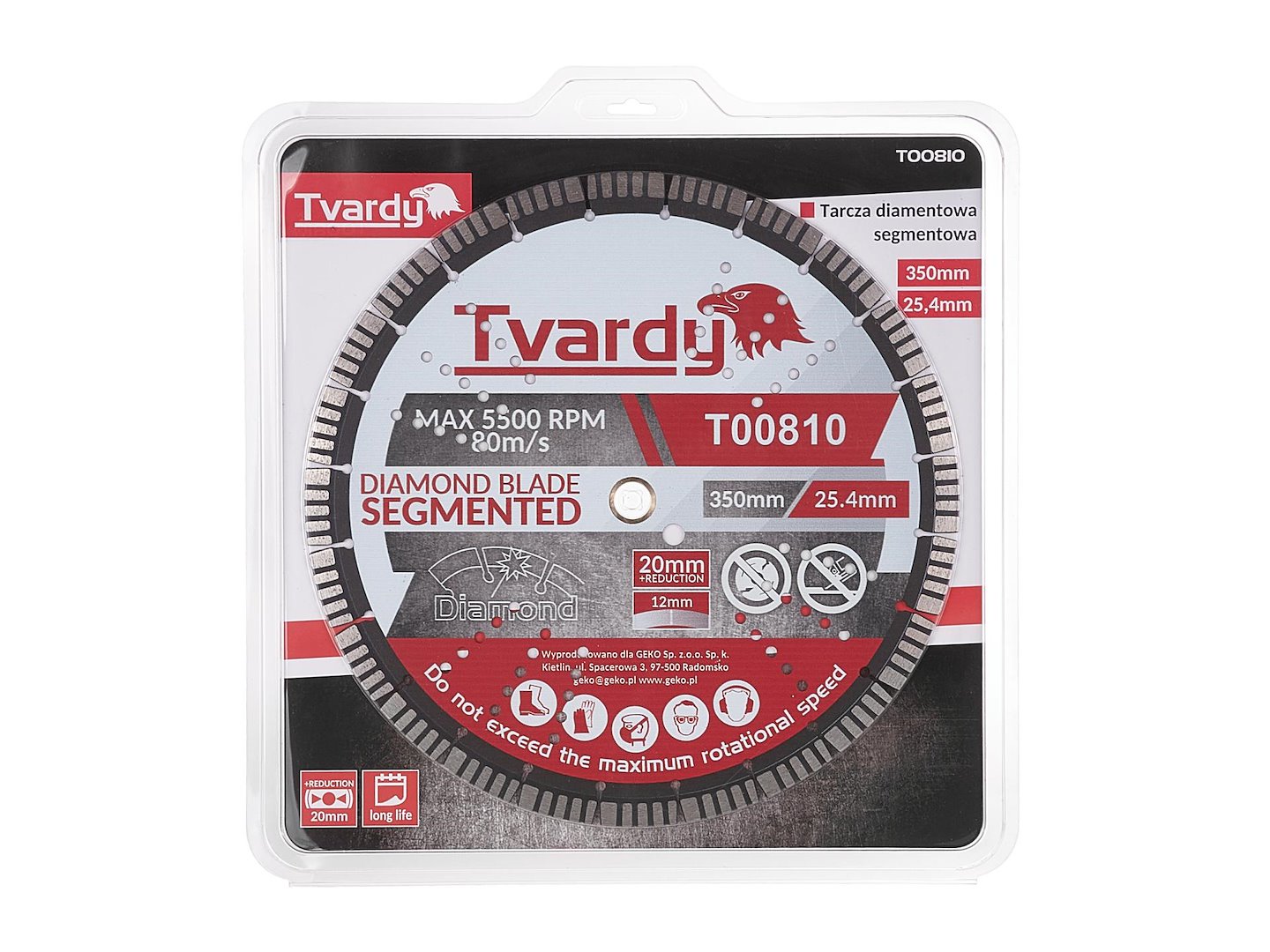 Segmentový diamantový kotouč Geko 350 mm – detail středového otvoru s kroužkem