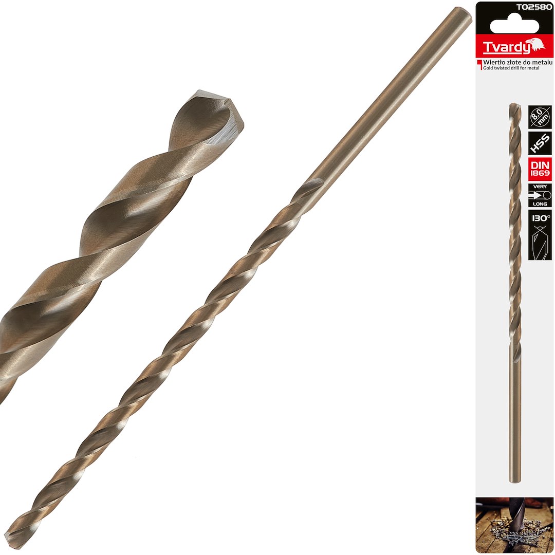 Zlatý vrták do kovu 8,0 × 240 mm HSS DIN1869 – celkový pohled