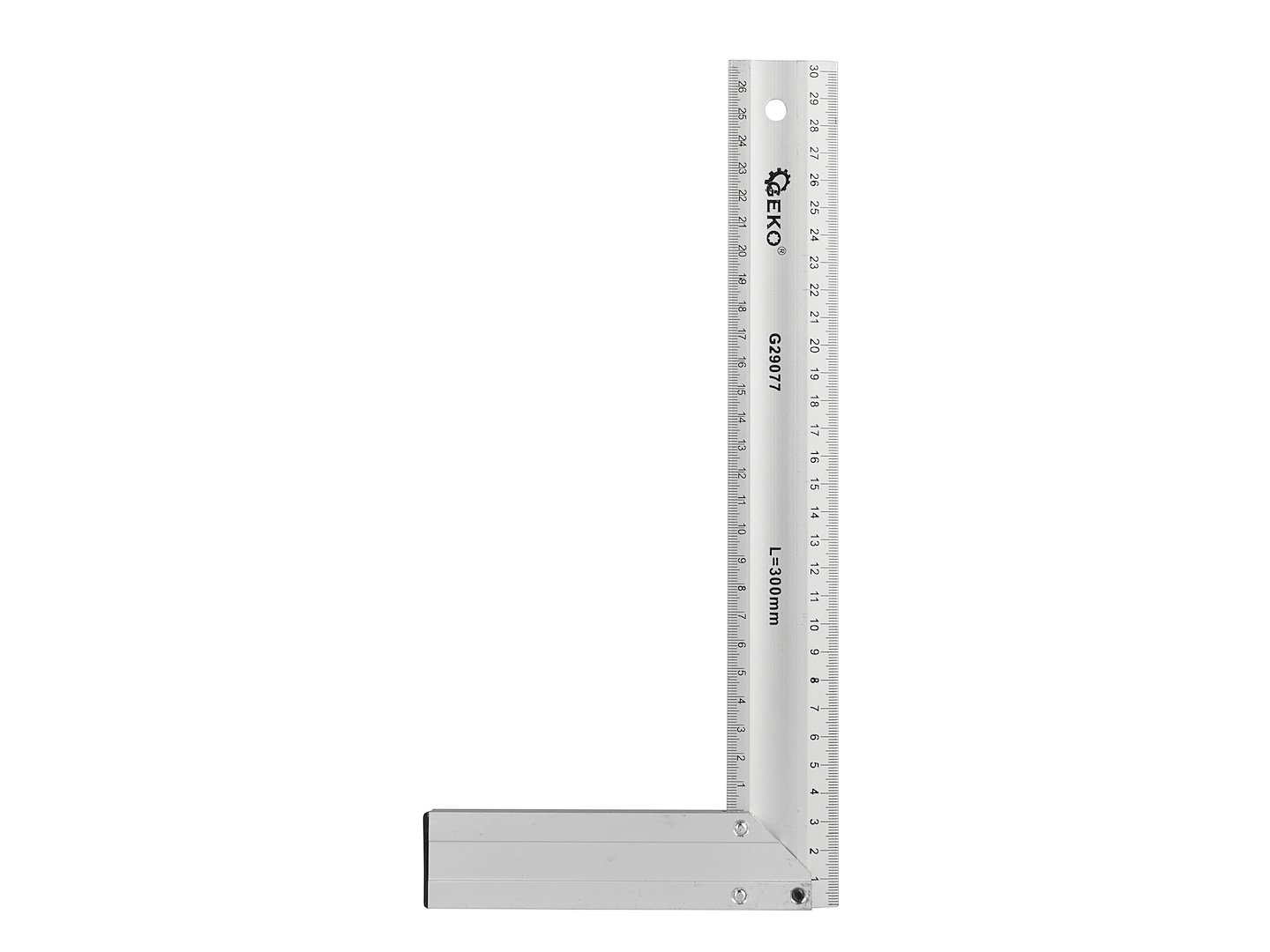 Stavební truhlářský úhelník 300 mm ALU Geko – detail stupnice a rysek