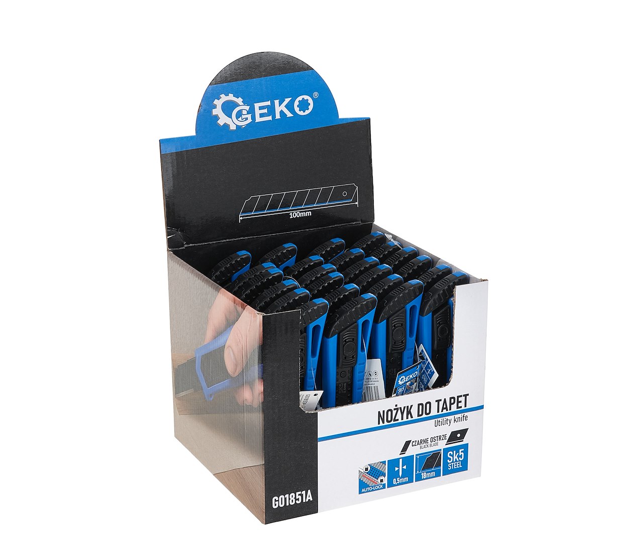 Nůž na tapety 100x18x0,5 mm typ č. 2 – výstavní karton (24/144) – Geko 8