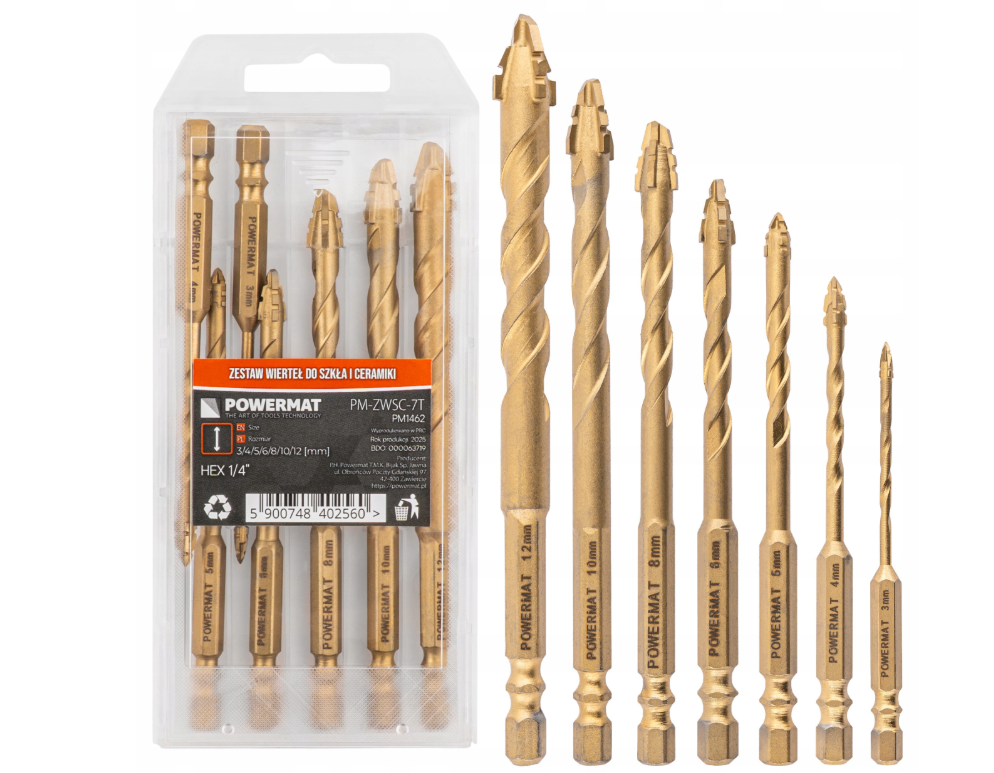 Sada vrtáků do dlažby, gresu, skla a keramiky 3–12 mm (7 ks, HEX 1/4")
