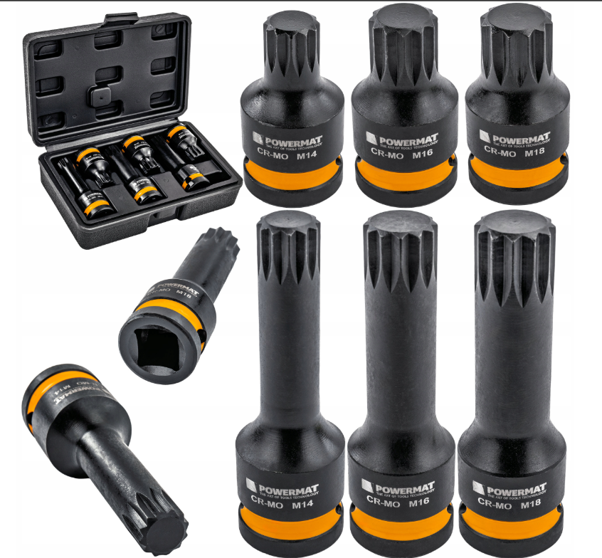 Rázové hlavice Spline 1/2" CrMo – sada 6 ks (M14, M16, M18) v kufříku