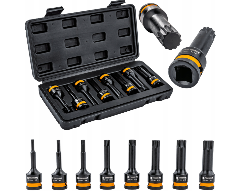 Sada rázových nástrčných hlavic SPLINE 1/2" – 8 ks (M5–M18) v kufříku