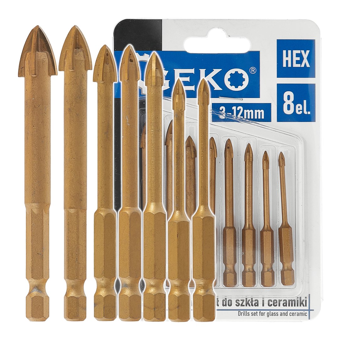 Sada vrtáků do skla a keramiky 8 ks Hex 312 mm – Geko 1