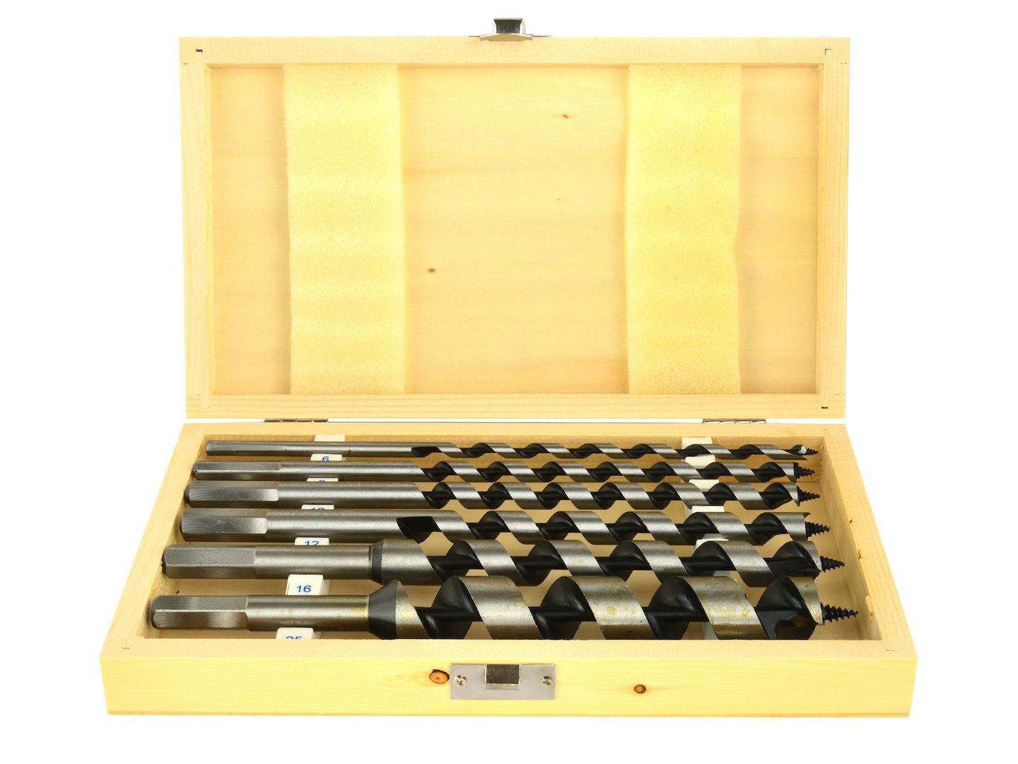Sada 6 ks vrtáků do dřeva 6–25 × 230 mm v dřevěném kufříku – Geko 1