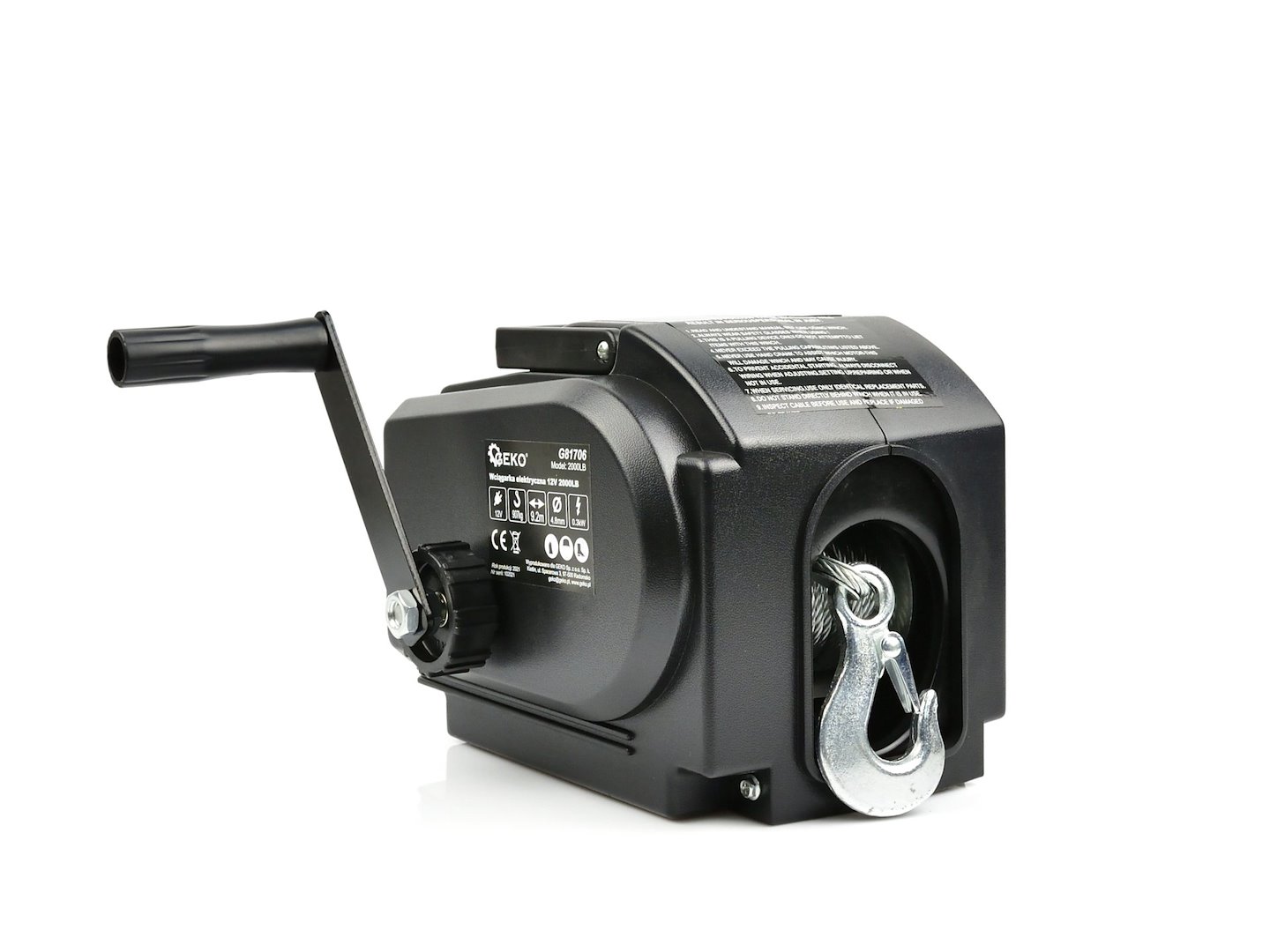 Přenosný elektrický naviják Geko 12 V 2000 Lb – detail lanka a háku