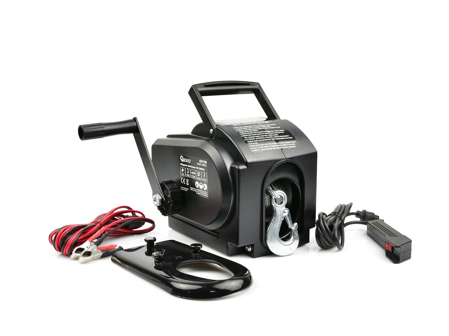 Přenosný elektrický naviják Geko 12 V 2000 Lb – celkový pohled