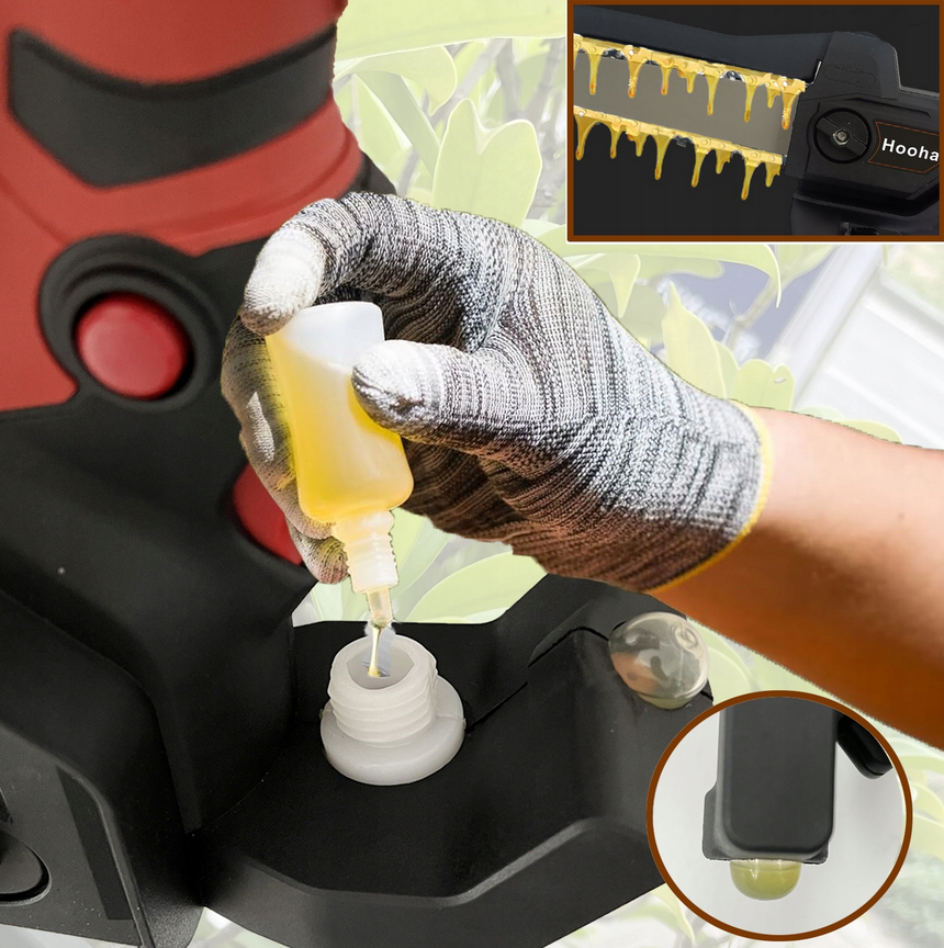 Detail aku mini pily Ondragon s mazáním řetězu