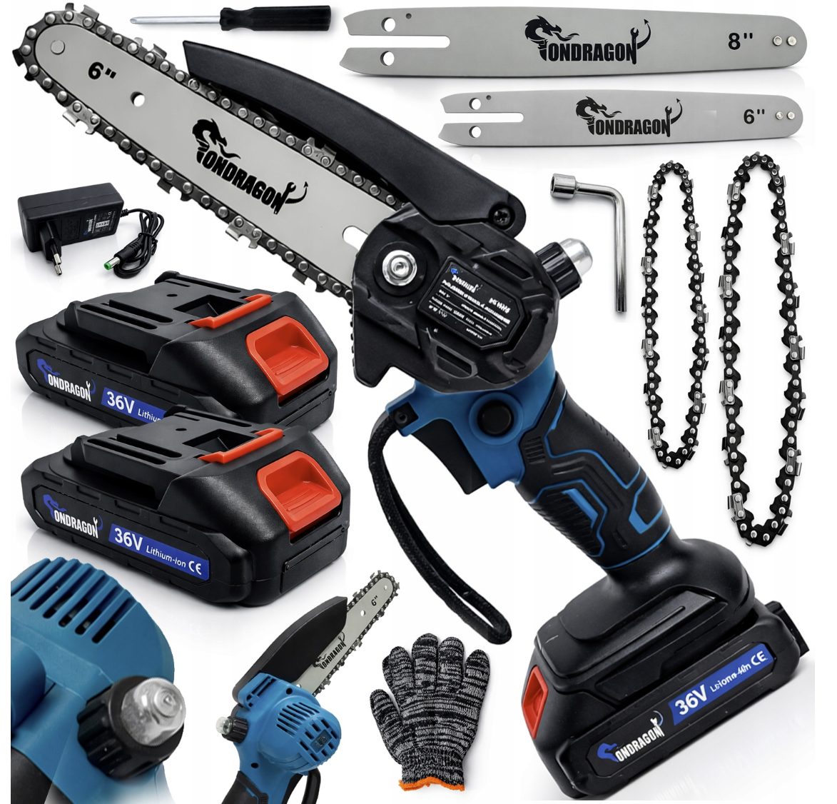 Aku mini řetězová pila 6″ / 36 V – PROFI SET 2× baterie, 2× lišta, 2× řetěz