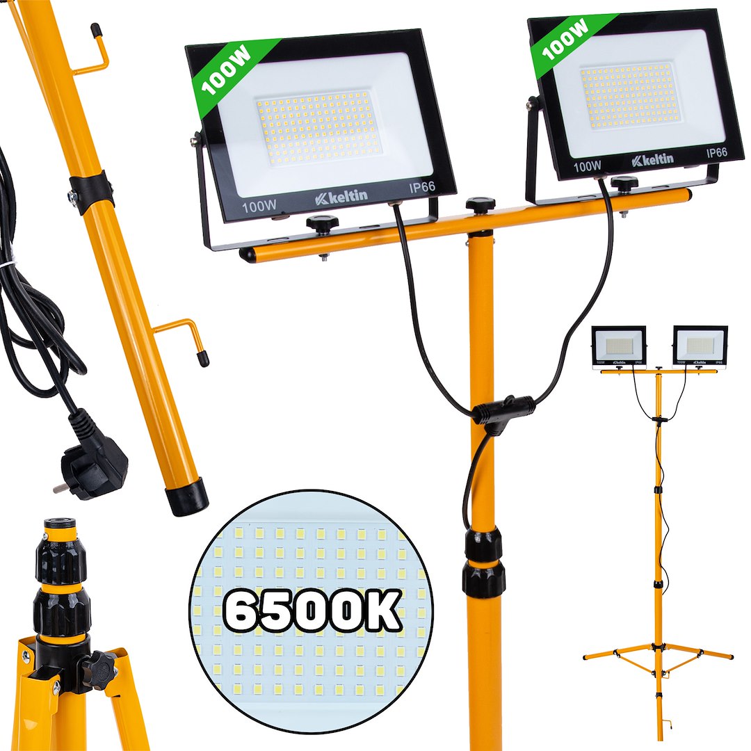 LED světlomet GEKO 2×100W s teleskopickým stativem - 18000 lumenů, IP65, studené bílé světlo 6500K 1