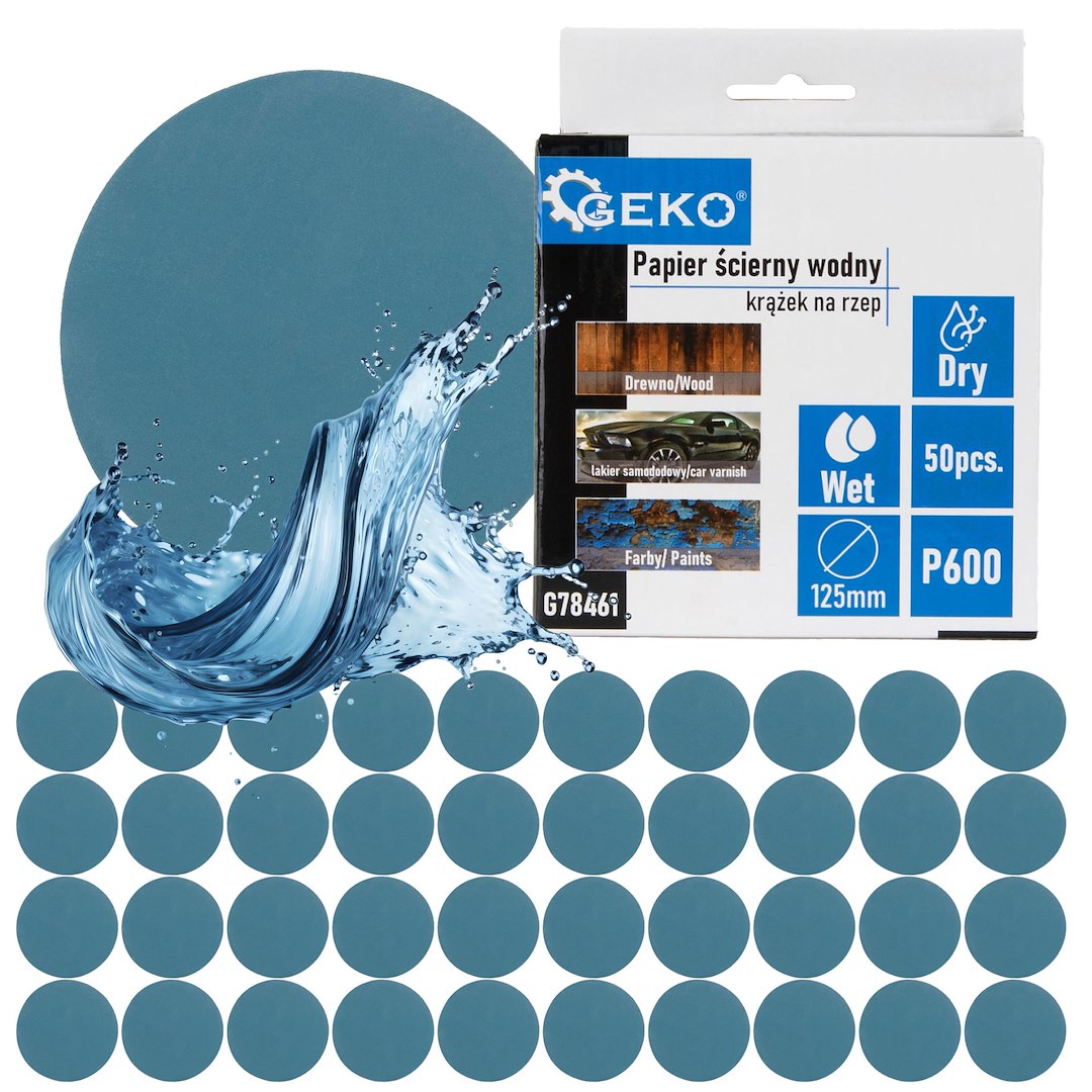 Vodní brusný papír Geko 125mm P600 - kotouč na suchý zip pro jemné broušení (50/1000) 1