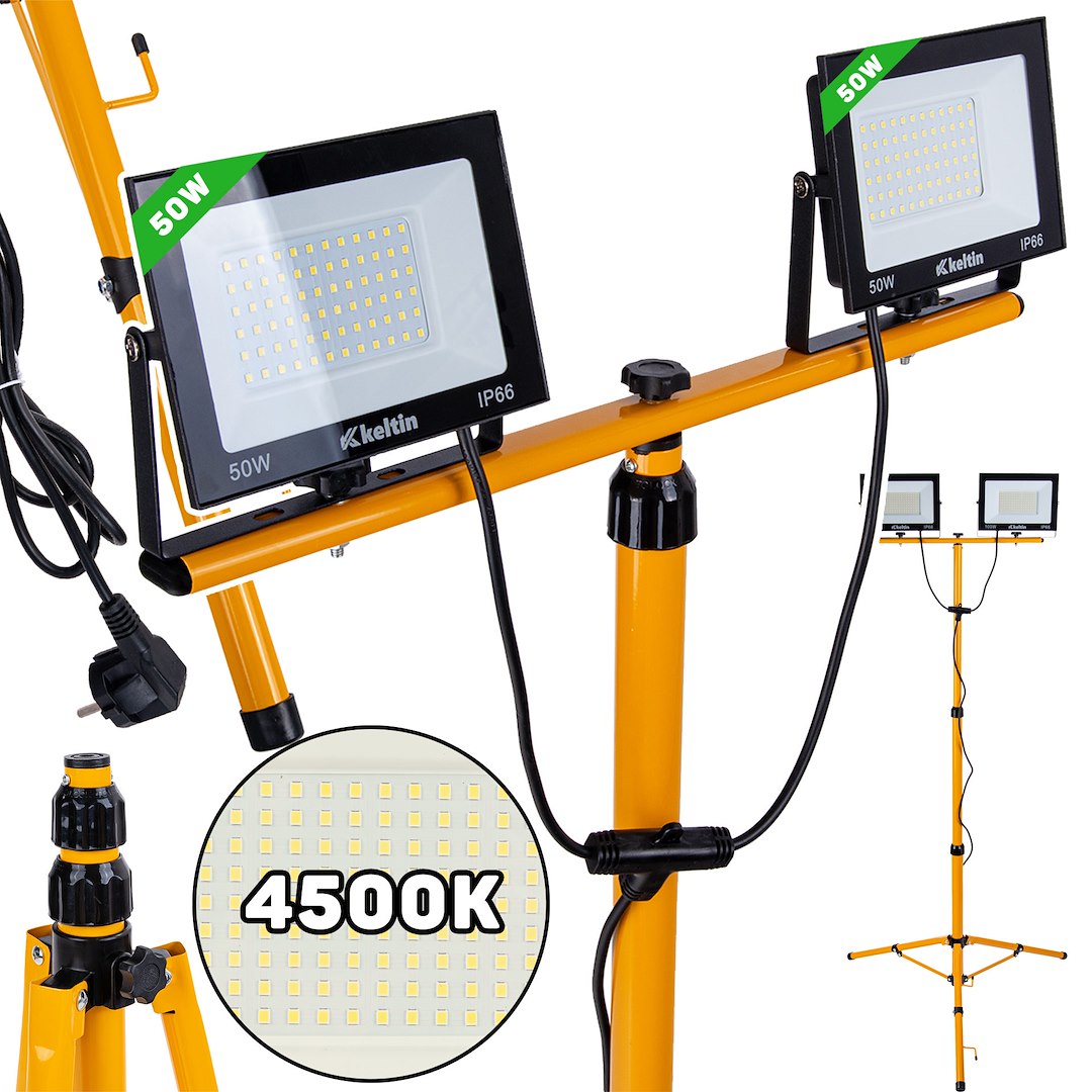 LED světlomet Geko 2×50W s teleskopickým stativem – celkový pohled