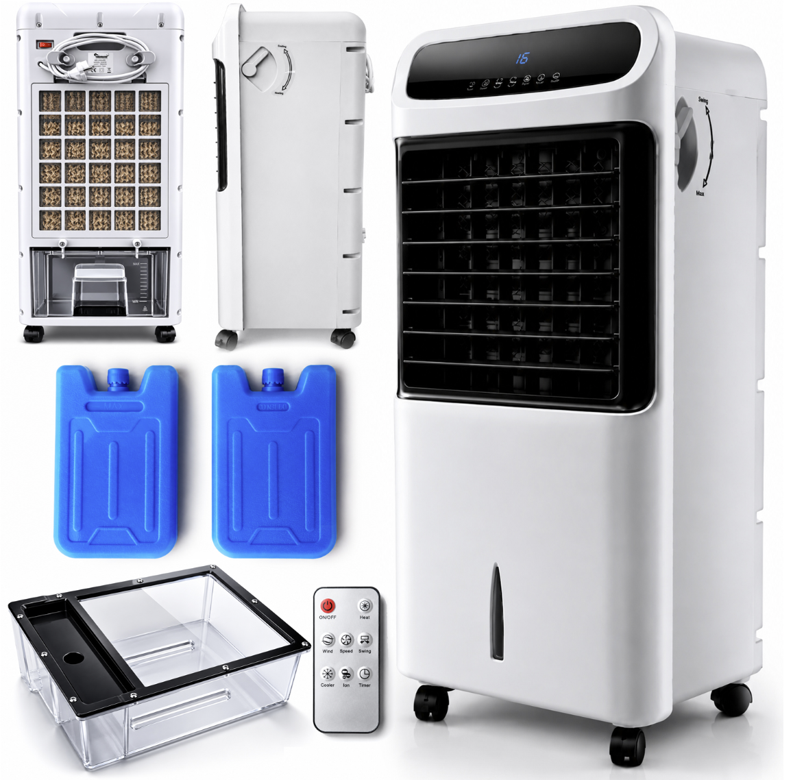 Mobilní vodní ochlazovač vzduchu 2v1 s ventilátorem, oscilací a LCD displejem
