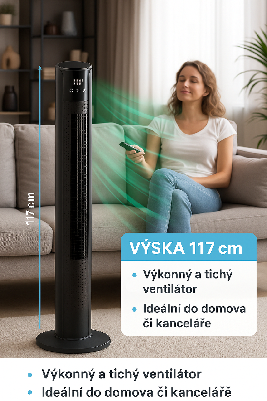 Sloupový ventilátor 117cm 100W+ Dálkové ovládání