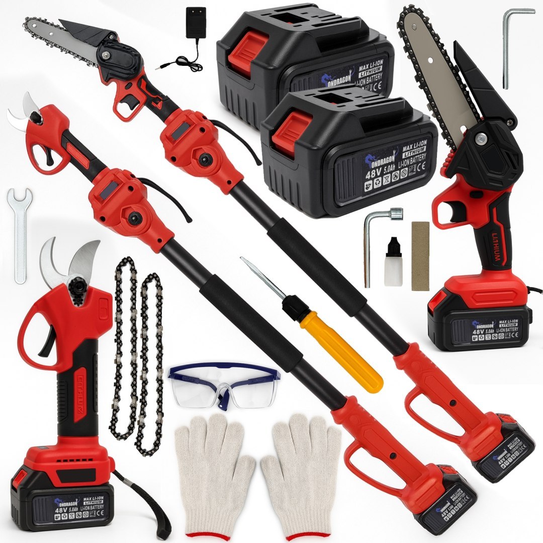 Aku pila 6″/8″ s mazáním řetězu + Nůžky + teleskop do 4 m – 2× BIG Akku 5 Ah (XXXL set)