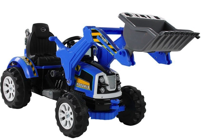 Elektrický traktor s lopatou LEAN CARS 12 V – modrý detský bagr s pohyblivou lopatou
