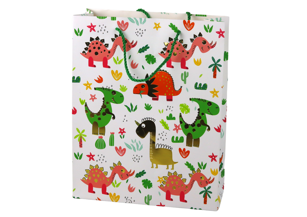 Dárková papírová taška Barevní dinosauři Palmy LEAN Toys 32x26x10 cm s lesklými zlatými detaily