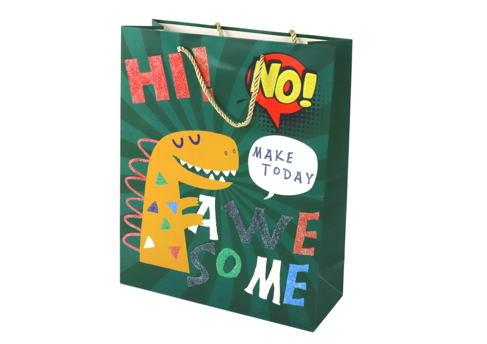 Dárková papírová taška zelená dinosaurus LEAN Toys 41,5x30x12 cm s glitrem a zlatými uchy