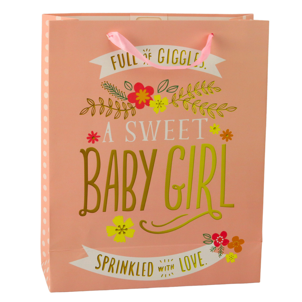 Darčeková taška k narodeniu dievčatka na oslavu „Baby Shower“ LEAN, ružová s kvetinami, 32 x 26 x 12 cm