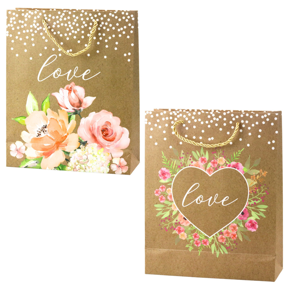 Darčeková taška Love s kvetinami a trblietkami 32 x 26 x 10 cm – romantický darček s rustikálnym dizajnom