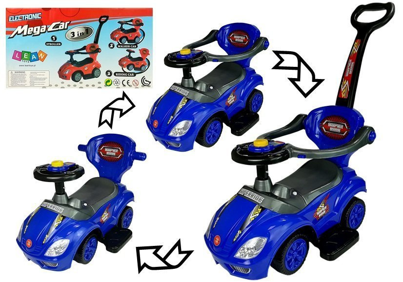 Detské autíčko s tlačnou rukoväťou Mega Car 3v1 Modré LEAN CARS – multifunkčný dizajn pre deti od narodenia