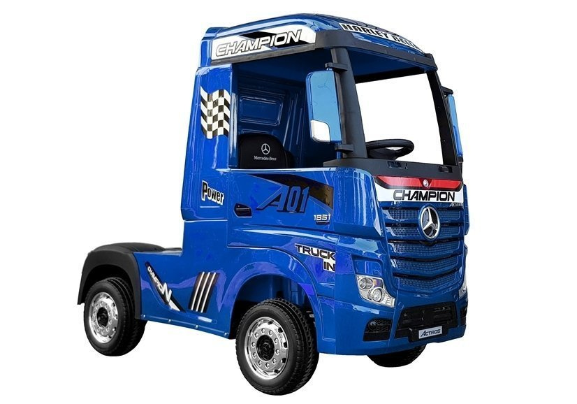 Detské elektrické autíčko Mercedes Actros 12 V, modré – lakovaná kabína, kolesá z EVA, displej MP4