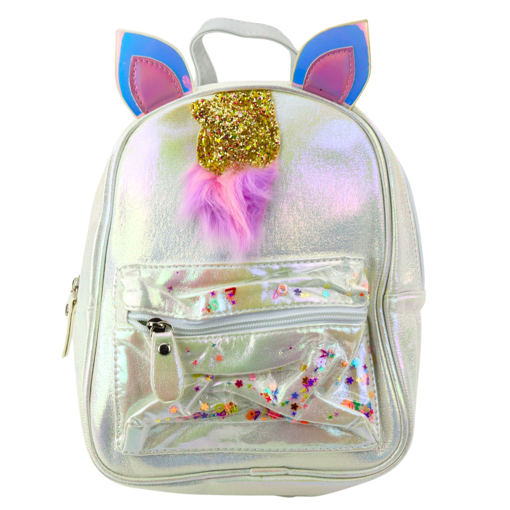 Detský batoh s rohom jednorožca, pohyblivými konfektami, perleťový, 25 cm, 4,5 l