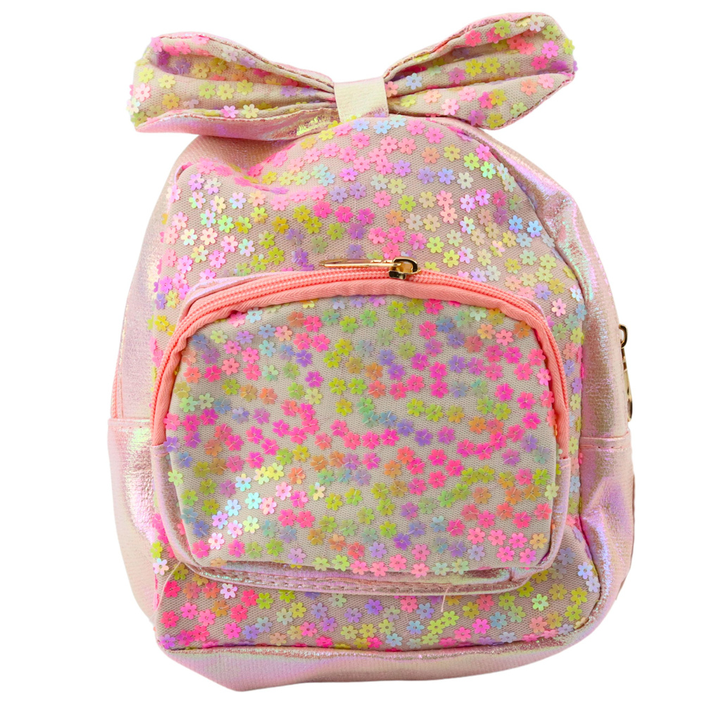 Detský batoh s flitrami a kvietkami, mašľou, svetloružový, 22 cm, 2,8 l