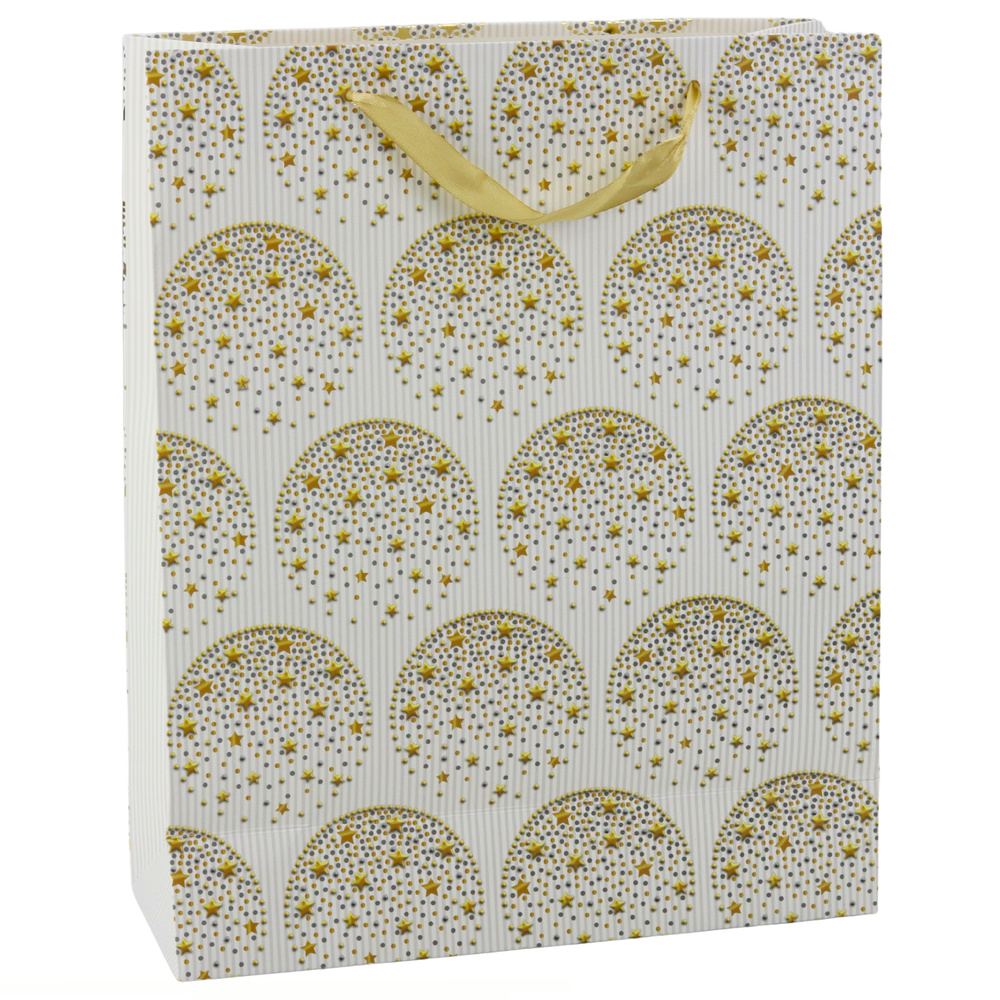Elegantná darčeková taška v bielej a zlatej farbe s hviezdami, 32 x 26 x 12 cm, LEAN