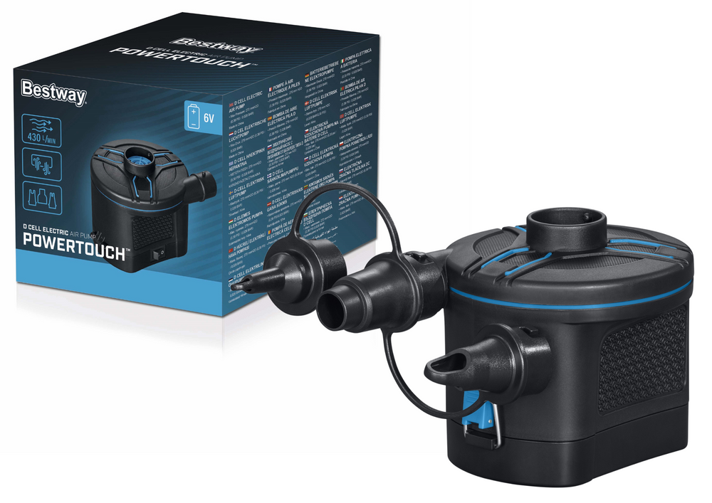 Elektrická pumpa PowerTouch Bestway 62254 – 430 l/min, na batérie, 3 vymeniteľné koncovky