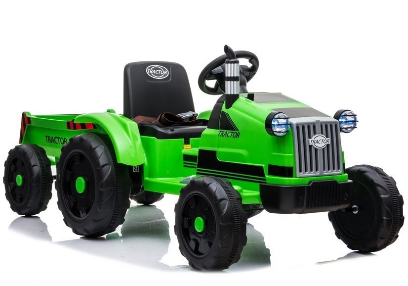 Elektrický traktor s prívesom LEAN CARS 12 V, zelený, so zvukmi a svetlami, pre deti vo veku 3–7 rokov