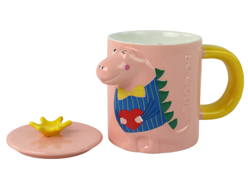 Hrnček s viečkom Dinosaurus ružový 400 ml LEAN Toys s 3D motívom a lyžičkou