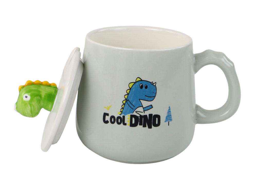Keramický hrnček Modrý dinosaurus s viečkom a lyžičkou LEAN Toys 350 ml – originálny darček pre milovníkov pravekých tvorov