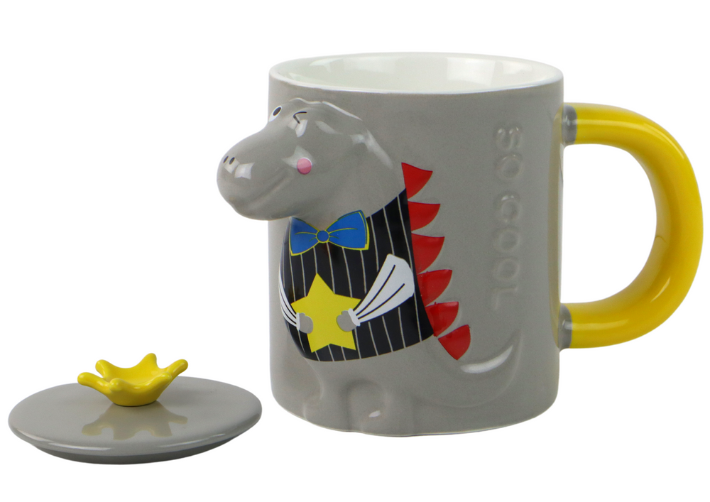 Keramický hrnček s viečkom Šedý dinosaurus 400 ml LEAN Toys – praktický darček pre deti