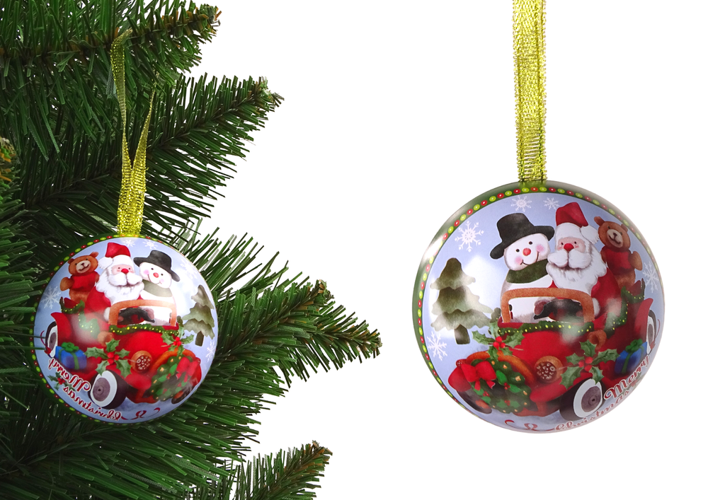 Kovová vianočná guľa LEAN Toys so Santa Clausom a snehuliakom – zelená vianočná ozdoba na stromček